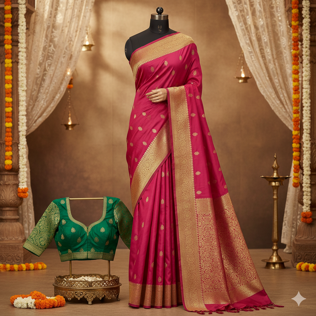 Elegant Banarasi Silk Saree with Zari Border & Blouse Piece Perfect for Wedding & Festive Wear