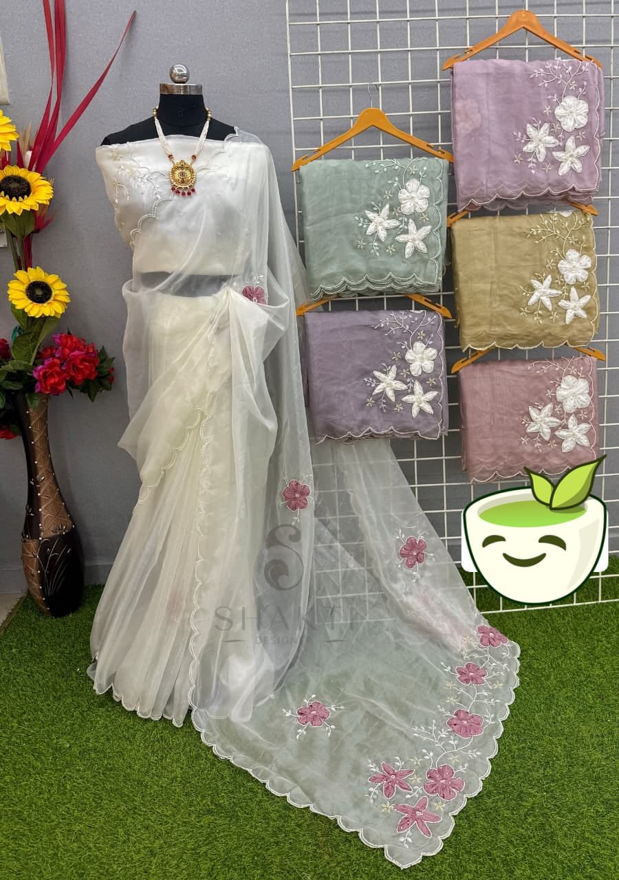 New Fancy Tissue Saree | Hand Work | Heavy Blouse with Cut Border