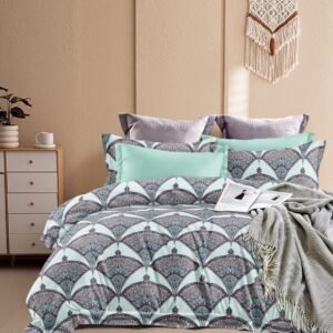 Luxury Geometric Print Microfiber Double Bed Bedsheet Set – Mint Green & Grey, Ultra Soft with 4 Pillow Covers