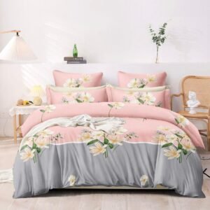 Premium Floral Print Microfiber Double Bed Bedsheet Set – Pink & Grey, Ultra Soft with 4 Pillow Covers
