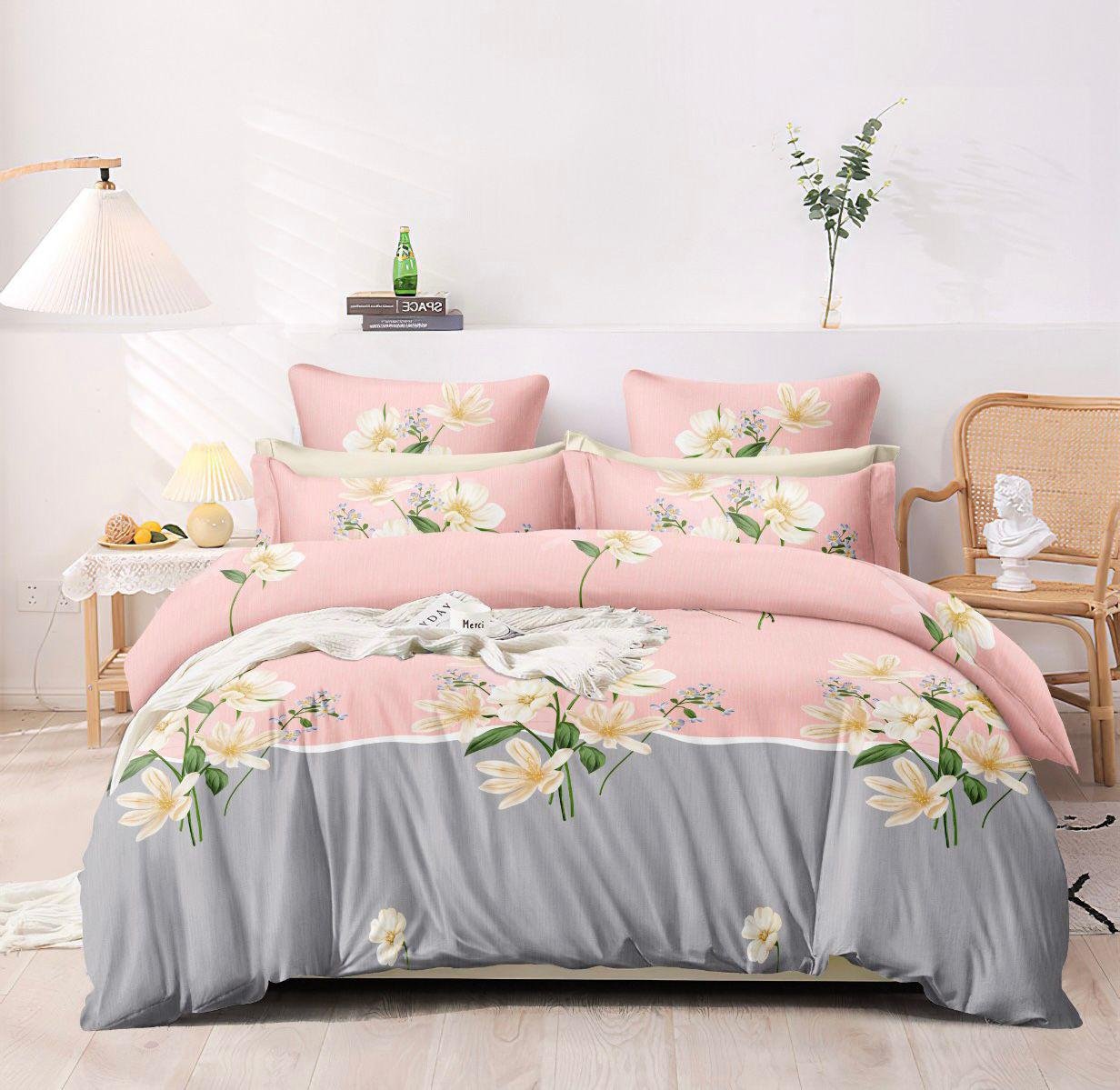 Premium Floral Print Microfiber Double Bed Bedsheet Set – Pink & Grey, Ultra Soft with 4 Pillow Covers