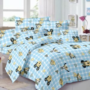 Kids Cartoon Print Double Bed Bedsheet – Soft Blue Check Design with 2 Pillow Covers