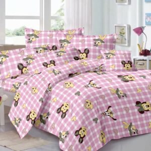 Kids Cartoon Print Double Bed Bedsheet – Pink Check Design with 2 Pillow Covers