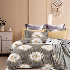 Elegant Floral Print Double Bed Bedsheet – Grey & Gold Design with 4 Pillow Covers