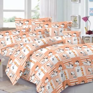 Kids Cartoon Dog Print Double Bed Bedsheet – Orange Patchwork Design with 2 Pillow Covers