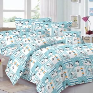 Kids Cartoon Dog Print Double Bed Bedsheet – Blue Patchwork Design with 2 Pillow Covers