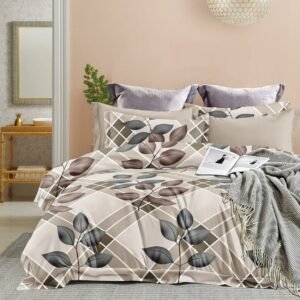 Modern Leaf Print Double Bed Bedsheet – Beige & Grey Design with 4 Pillow Covers
