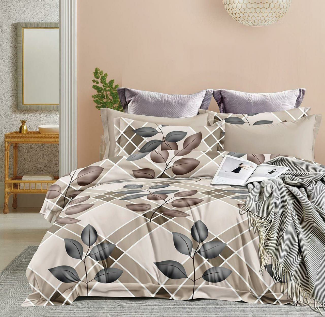 Modern Leaf Print Double Bed Bedsheet – Beige & Grey Design with 4 Pillow Covers