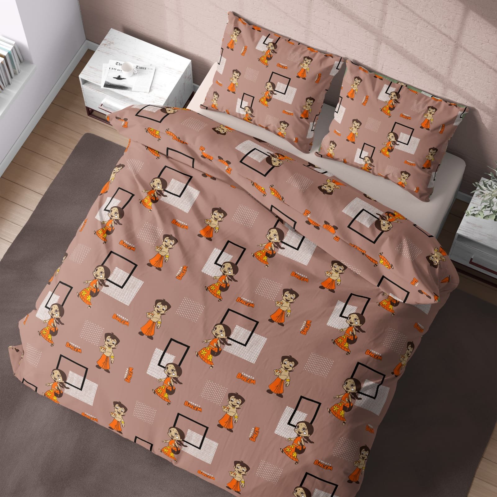 Kids Cartoon Warrior Print Double Bed Bedsheet – Brown Theme with 2 Pillow Covers