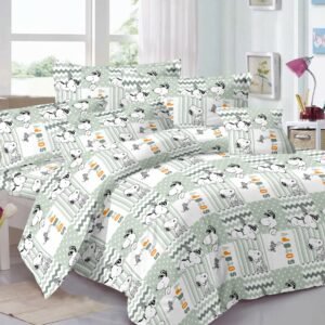 Kids Cartoon Dog Print Double Bed Bedsheet – Light Green Patchwork Design with 2 Pillow Covers