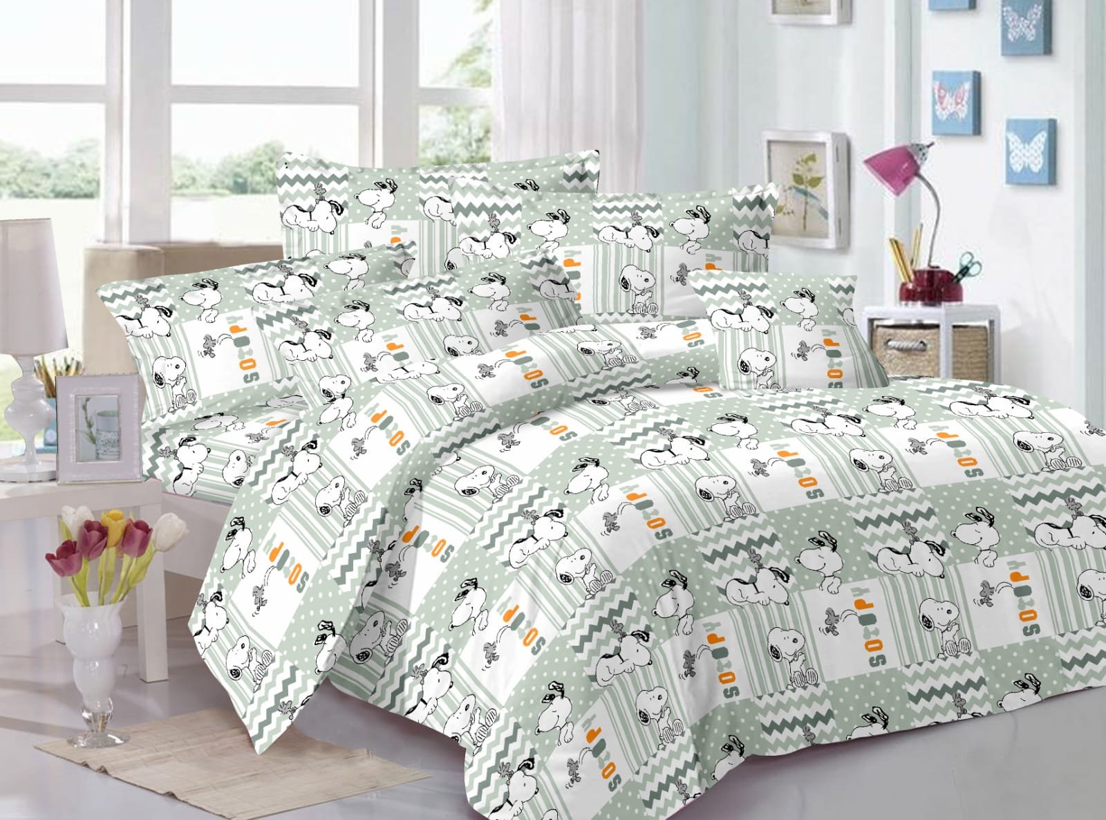 Kids Cartoon Dog Print Double Bed Bedsheet – Light Green Patchwork Design with 2 Pillow Covers