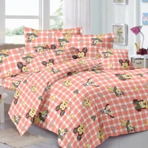 Kids Cartoon Print Double Bed Bedsheet – Peach Check Design with 2 Pillow Covers