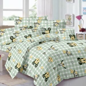 Kids Cartoon Print Double Bed Bedsheet – Light Green Check Design with 2 Pillow Covers