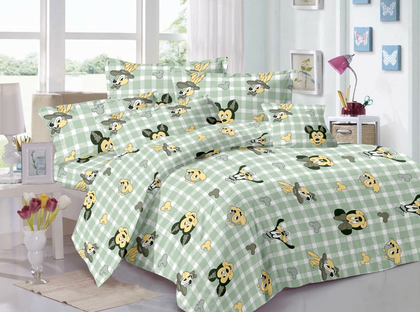 Kids Cartoon Print Double Bed Bedsheet – Light Green Check Design with 2 Pillow Covers