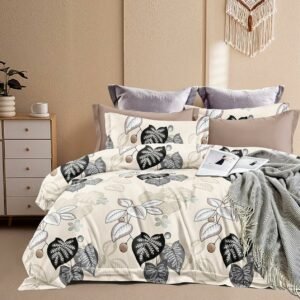 Elegant Leaf Print Double Bed Bedsheet – Cream & Black Design with 4 Pillow Covers