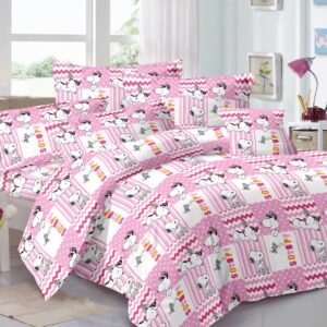 Kids Cartoon Dog Print Double Bed Bedsheet – Pink Patchwork Design with 2 Pillow Covers