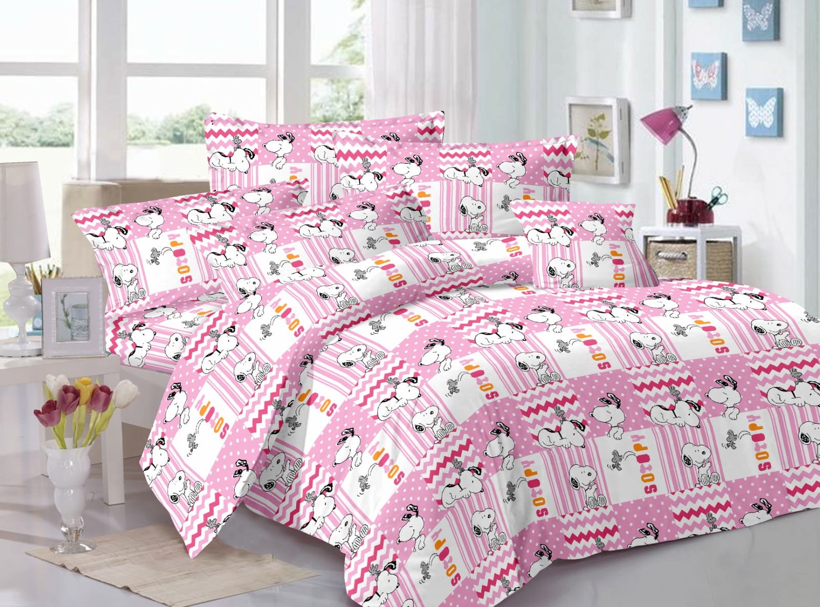 Kids Cartoon Dog Print Double Bed Bedsheet – Pink Patchwork Design with 2 Pillow Covers
