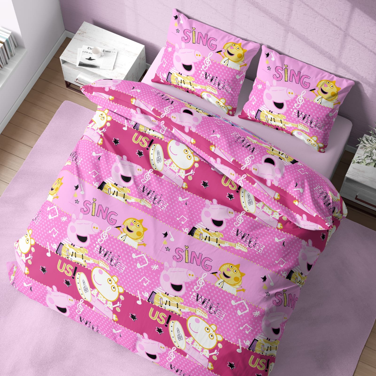 Kids Musical Cartoon Print Double Bed Bedsheet – Pink Theme with 2 Pillow Covers