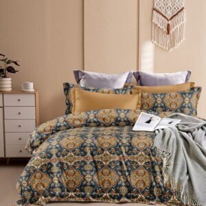 Premium Ethnic Print Double Bed Bedsheet – Blue & Gold Pattern with 4 Pillow Covers