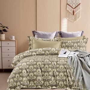Luxury Peacock Feather Print Double Bed Bedsheet – Beige & Grey Design with 4 Pillow Covers