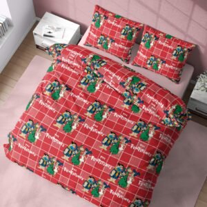 Kids Cartoon Family Print Double Bed Bedsheet – Red Grid Design with 2 Pillow Covers