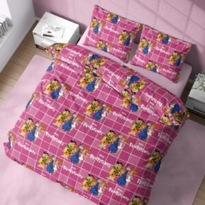 Kids Cartoon Family Print Double Bed Bedsheet – Pink Grid Design with 2 Pillow Covers