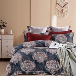 Premium Mandala Print Double Bed Bedsheet – Navy Blue & Maroon Design with 4 Pillow Covers