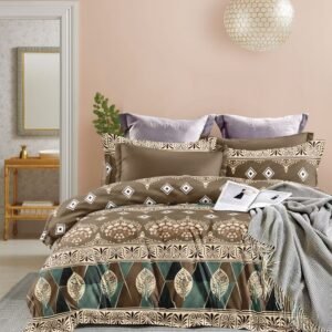 Elegant Geometric & Floral Print Double Bed Bedsheet – Brown & Beige Design with 4 Pillow Covers