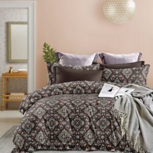 Premium Geometric Floral Print Double Bed Bedsheet – Dark Brown & Teal Design with 4 Pillow Covers