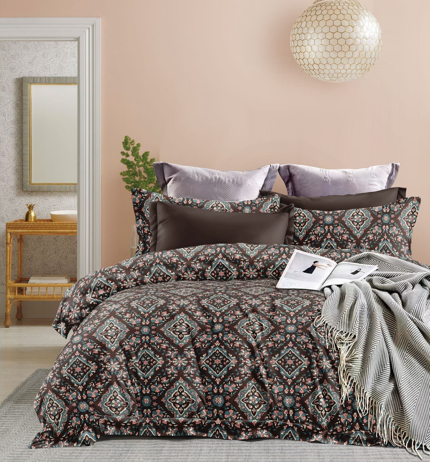 Premium Geometric Floral Print Double Bed Bedsheet – Dark Brown & Teal Design with 4 Pillow Covers