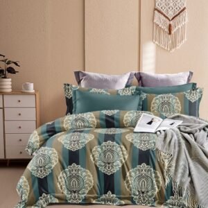 Premium Mandala Stripe Print Double Bed Bedsheet – Teal & Beige Design with 4 Pillow Covers