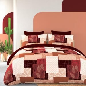 Modern Patchwork Print Double Bed Bedsheet – Rust & Beige Design with 2 Pillow Covers