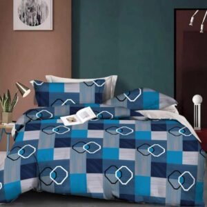 Modern Geometric Print Double Bed Bedsheet – Blue & Grey Checkered Design with 2 Pillow Covers