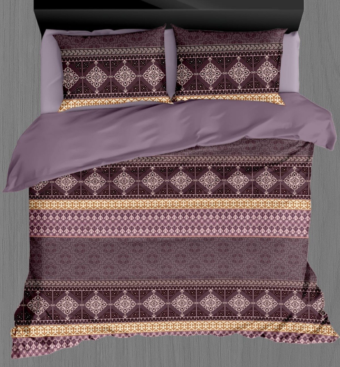 Premium Cotton Printed Bedsheet Set (Lavender Maroon Design)