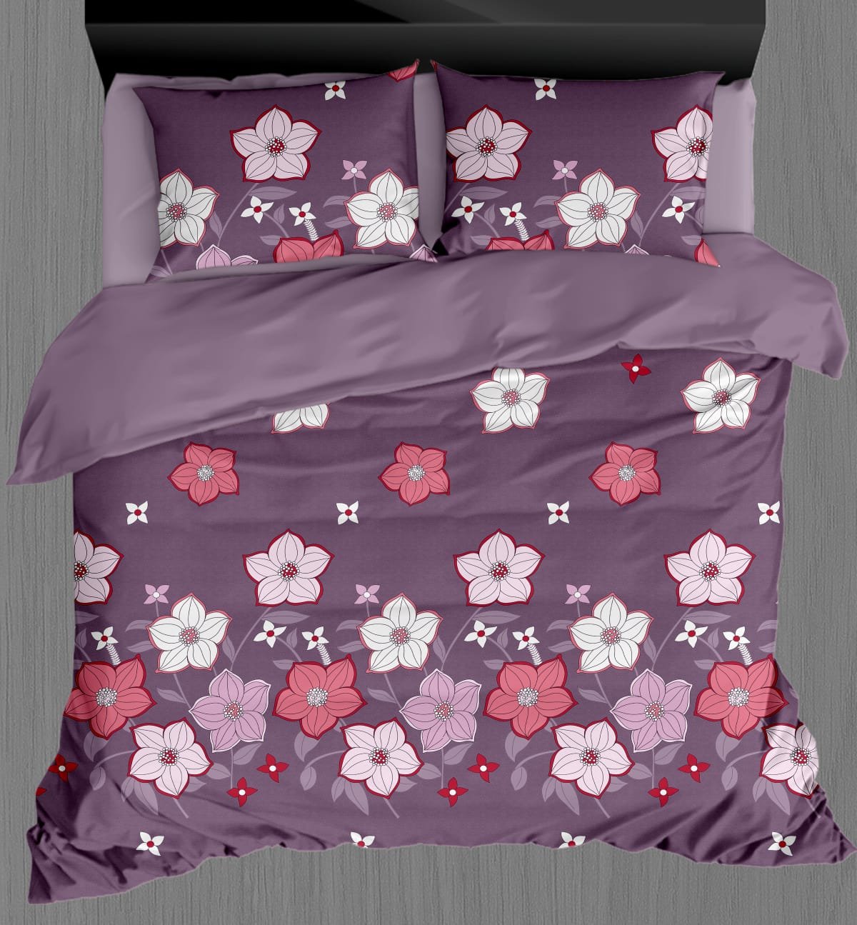 Floral Print Premium Cotton Bedsheet Set – Purple & Pink