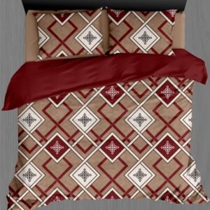 Geometric Print Premium Cotton Bedsheet Set – Maroon & Beige