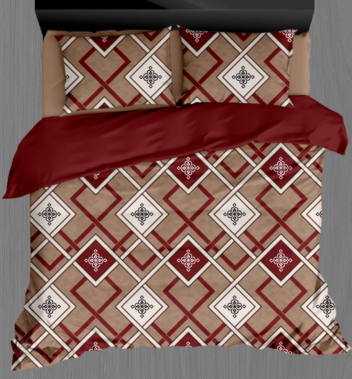 Geometric Print Premium Cotton Bedsheet Set – Maroon & Beige
