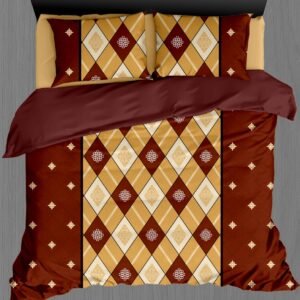 Premium Cotton Bedsheet Set – Golden & Maroon Diamond Design